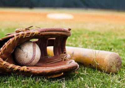 baseball glove, ball and bat