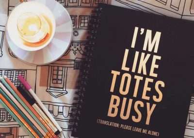 notebook with the words 'I'm like totes busy" on it