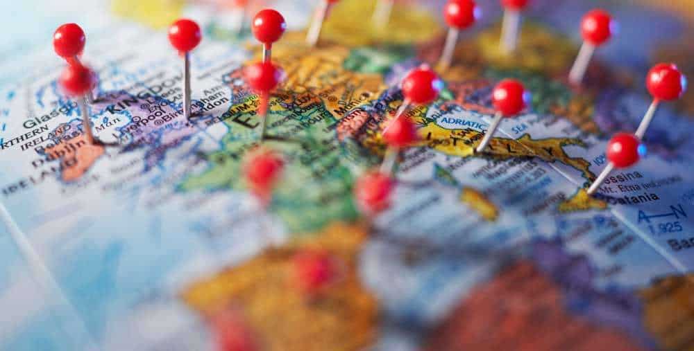 world map with pins