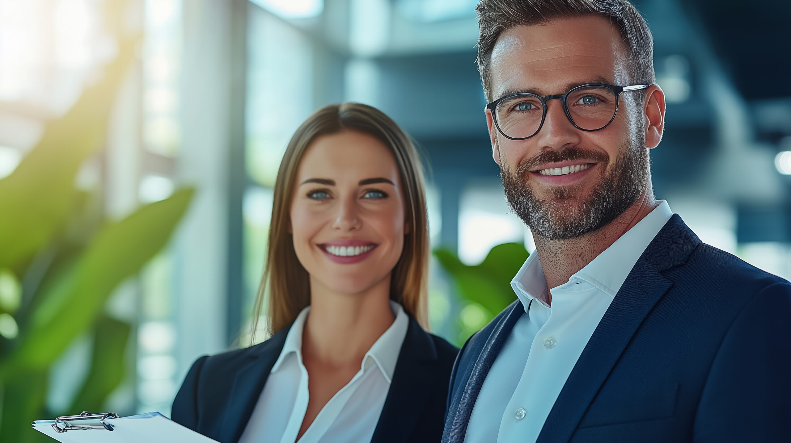 Two business people smiling while reviewing a document in a modern office sunlit space sleek glass walls and minimalistic decor business casual attire bright natural lighting positive vibe