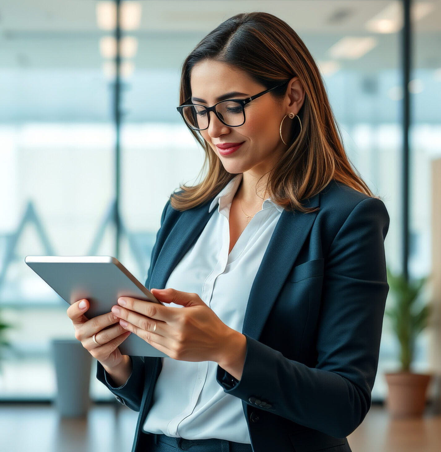 Woman smiling, engaged with digital tablet in modern office workspace