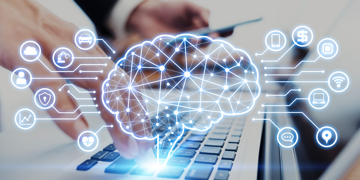 Men’s hands typing on a laptop keyboard, with a brain icon and various business icons floating around it in the background.