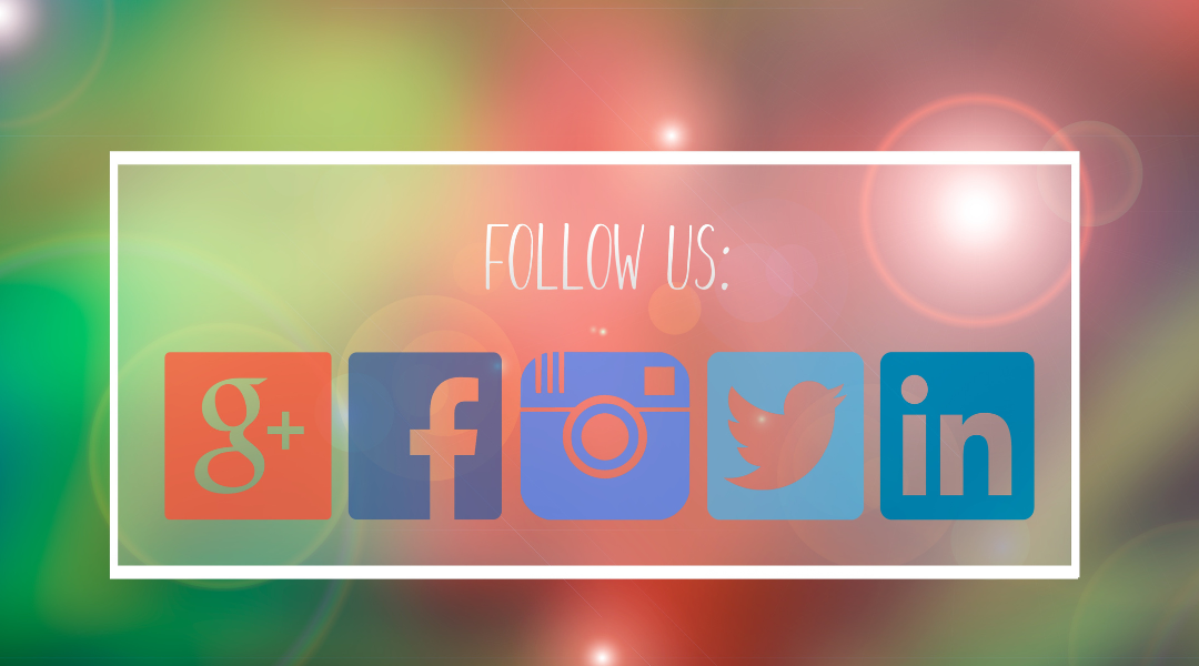 Multicolored social media icons under the words "Follow Us" on a blurred, brightly colored background.