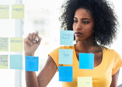 A woman wearing a yellow shirt and writing on a clear backboard that also has blue and yellow sticky notes on it.