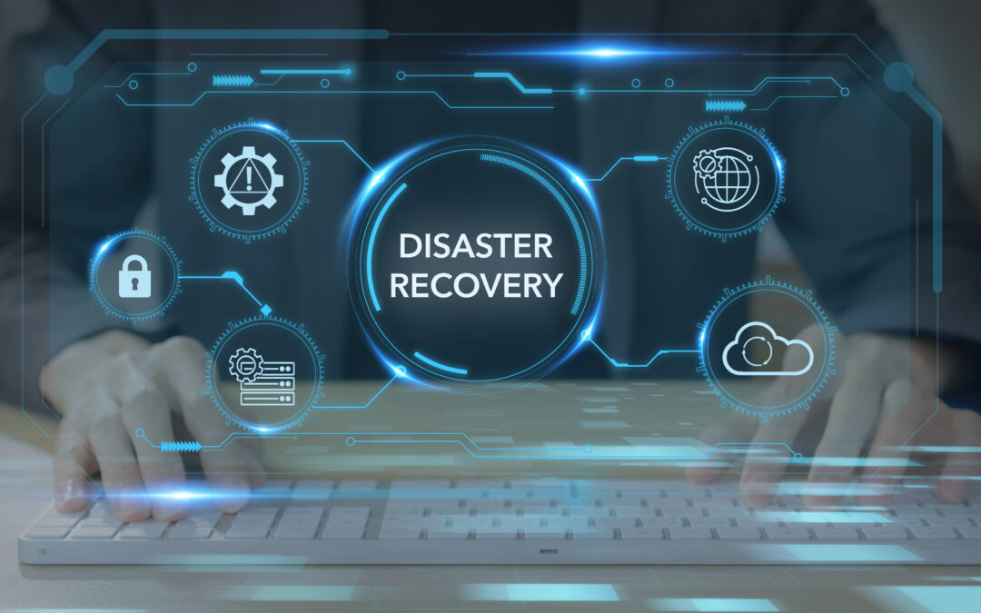 Person typing on a computer keyboard, with 'Disaster Recovery' text and related icons overlaid, representing recovery planning and solutions.