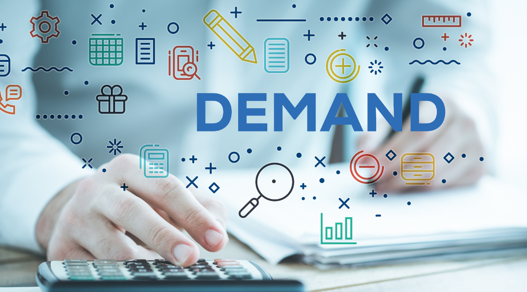 a person using a calculator and writing, with 'Demand' and icons overlaid on the image.