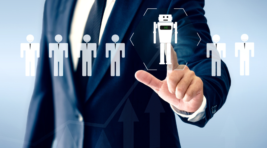 Man in a business suit pointing at a robot icon among a line of human icons.