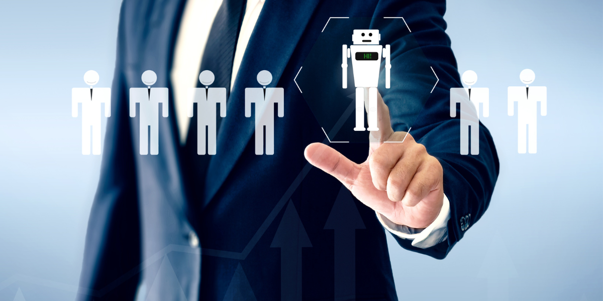 Man in a business suit pointing at a robot icon among a line of human icons.