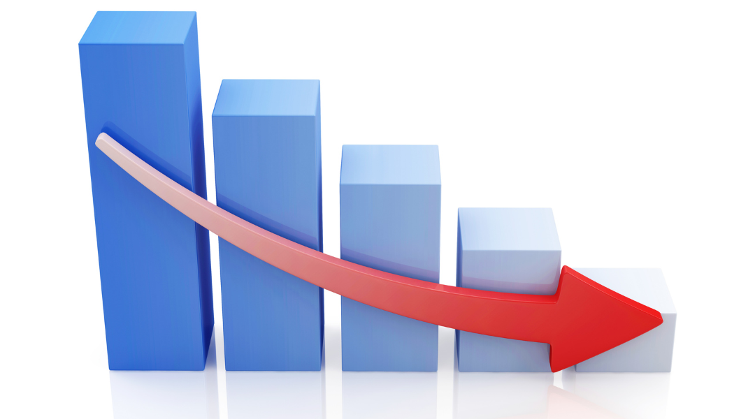 Blue bar graph with a red arrow pointing down, indicating a downward trend.