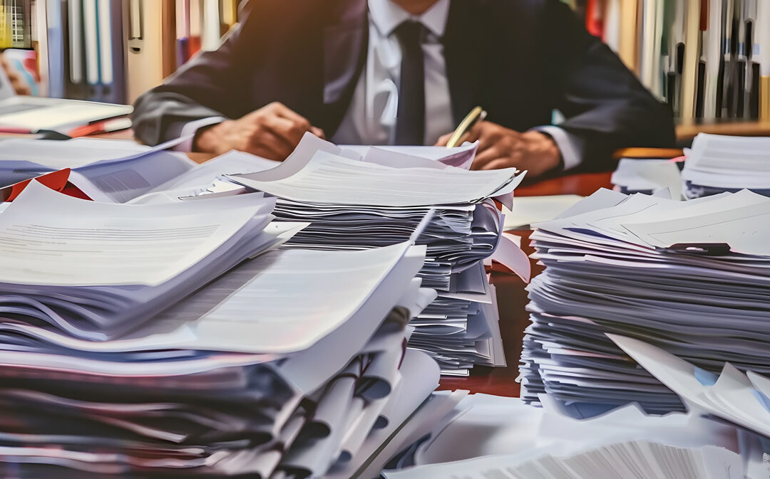 Attorney in cluttered office with stacks of paperwork legal books and documents