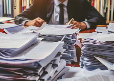 Attorney in cluttered office with stacks of paperwork legal books and documents