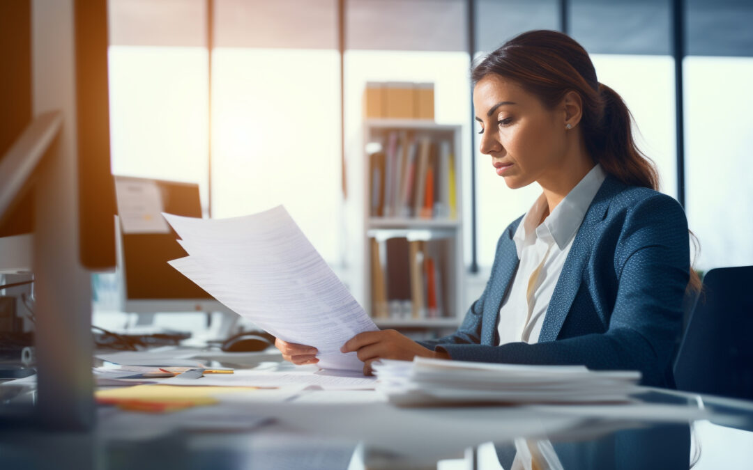 A paralegal focusing on documents in the office