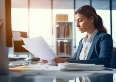 A paralegal focusing on documents in the office