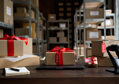 Warehouse with a stack of holiday boxes ready to ship on a desk.