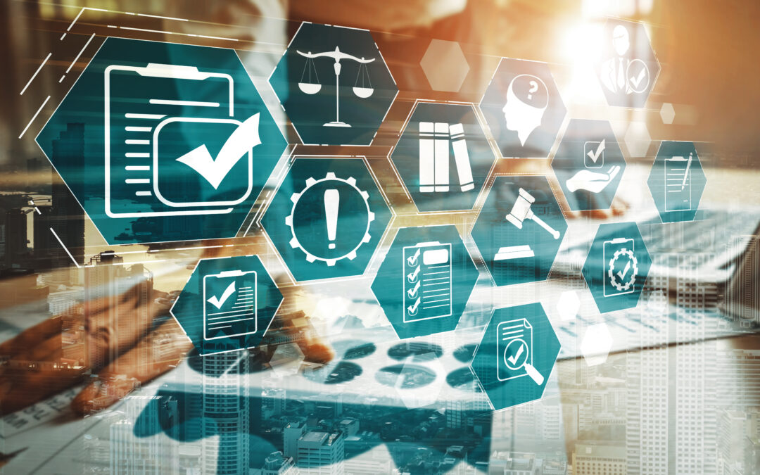 Individual at a cluttered desk, with legal icons overlaid, symbolizing legal work and documentation.