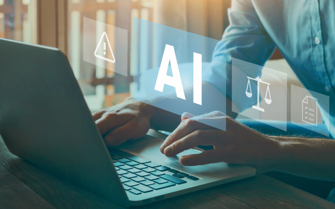 Person using a laptop with overlaid icons of AI, scales of justice, a document, and a warning, symbolizing legal technology and risk management.