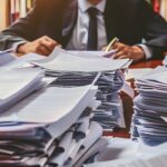 Attorney in cluttered office with stacks of paperwork legal books and documents