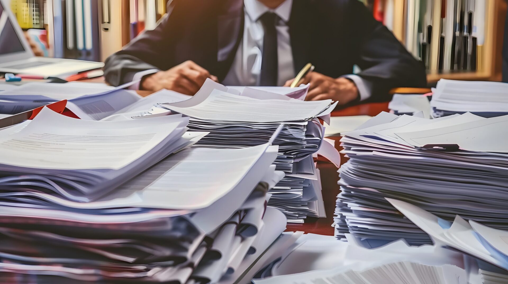 Attorney in cluttered office with stacks of paperwork legal books and documents