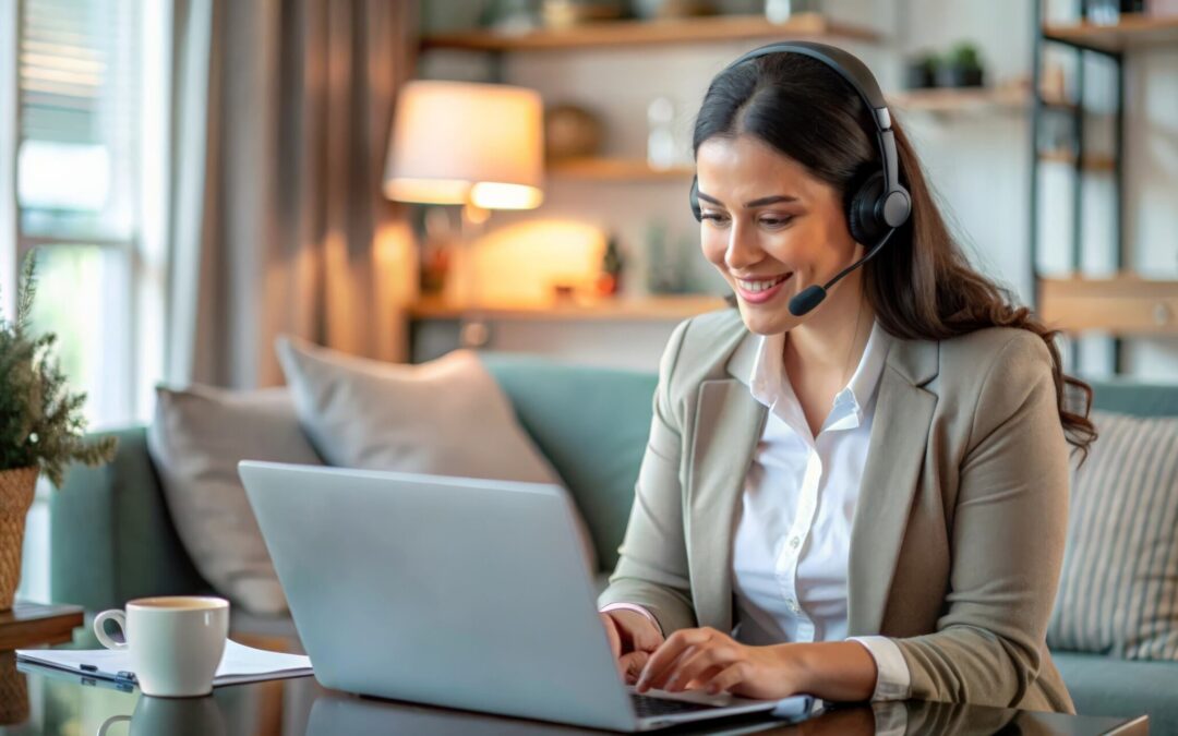 Professional remote receptionist working on a laptop, taking a business call.