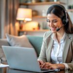 Professional remote receptionist working on a laptop, taking a business call.