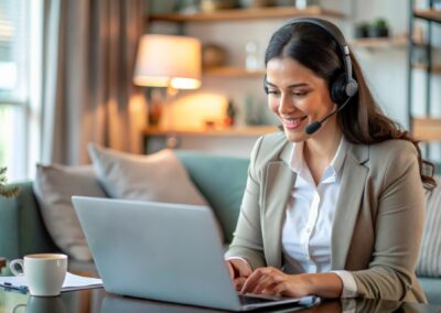 Professional remote receptionist working on a laptop, taking a business call.