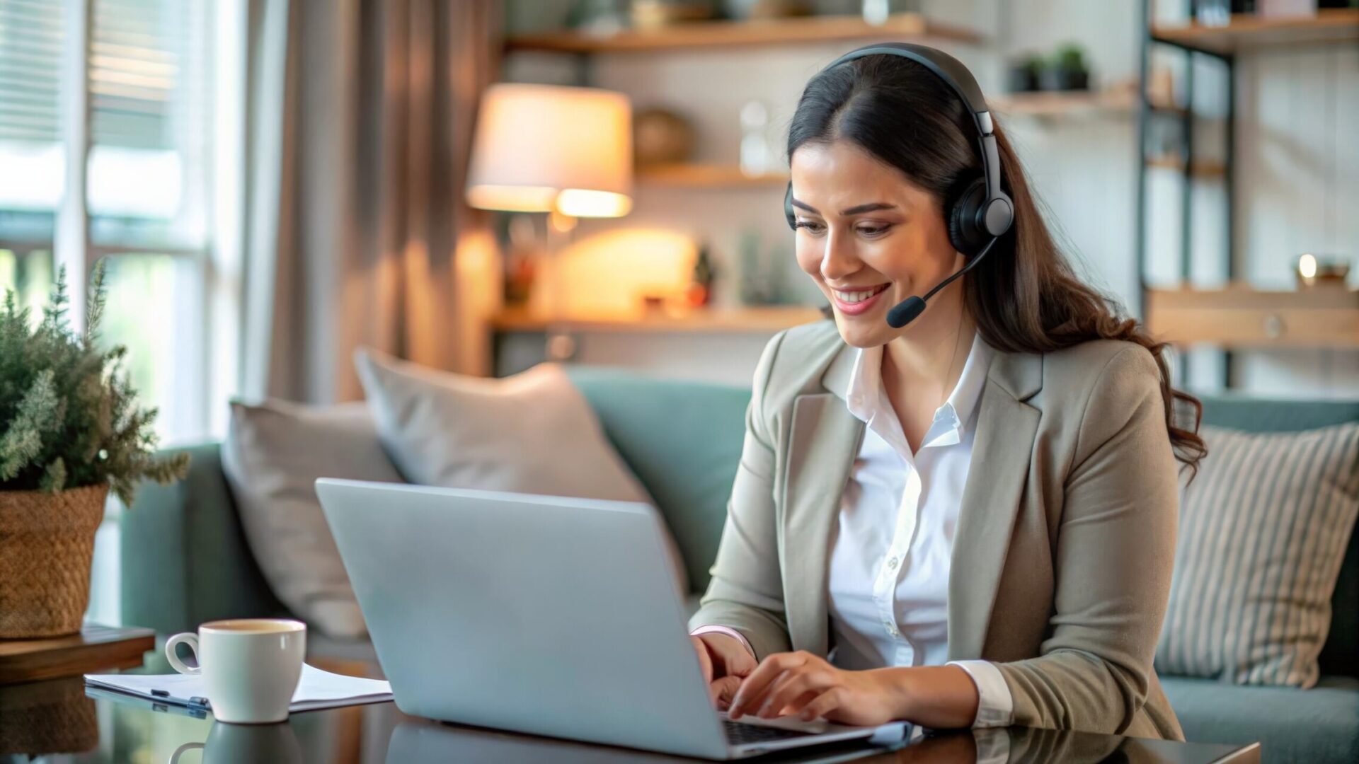 Professional remote receptionist working on a laptop, taking a business call.