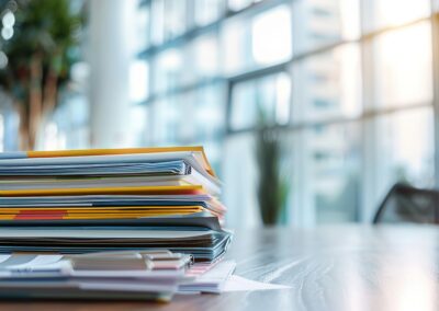 Law office with stacks of paper files and documents in folders on the desk.