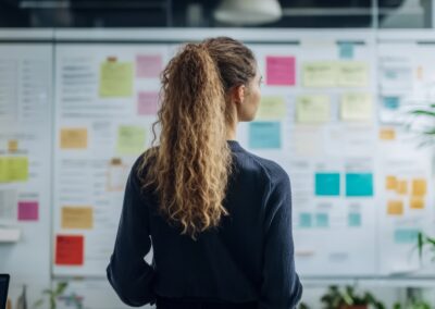 Back view of woman standing in front large marketing task boards