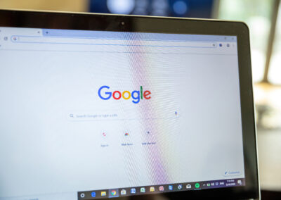 Google search engine and logo on laptop screen