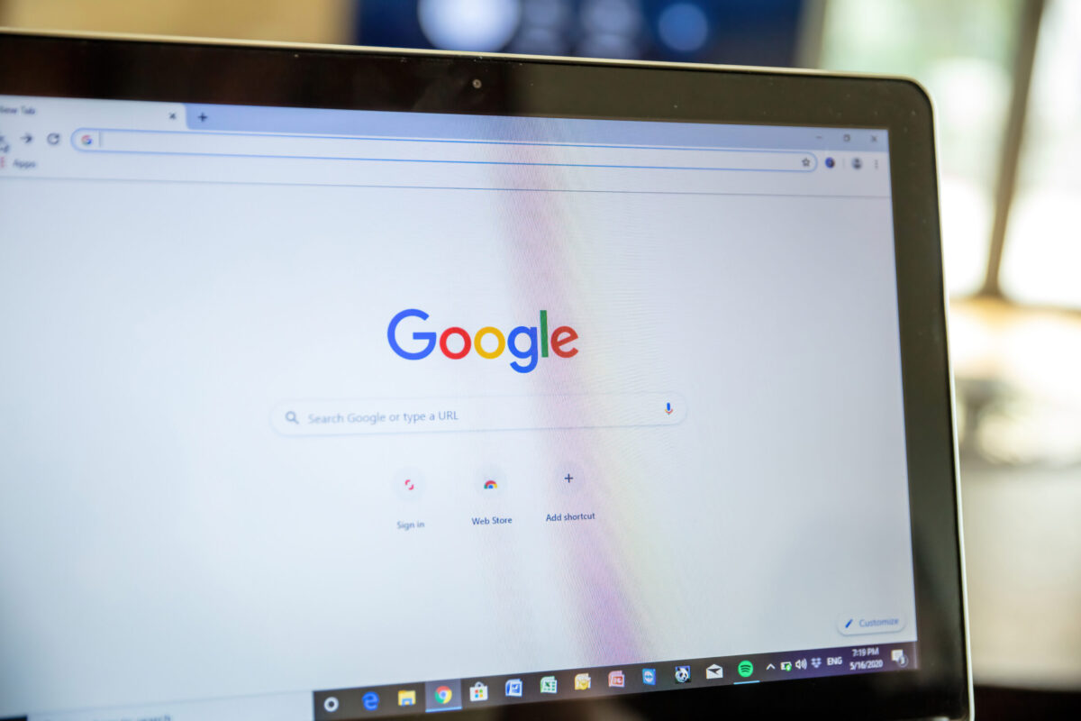 Google search engine and logo on laptop screen