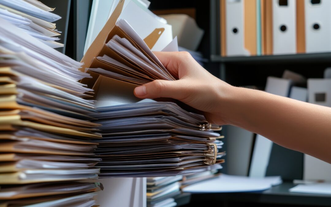 Stacks of legal paperwork needing data entry.