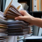 Stacks of legal paperwork needing data entry.