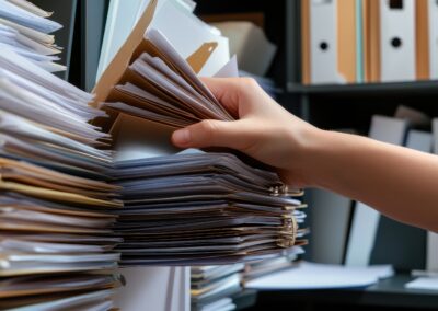 Stacks of legal paperwork needing data entry.