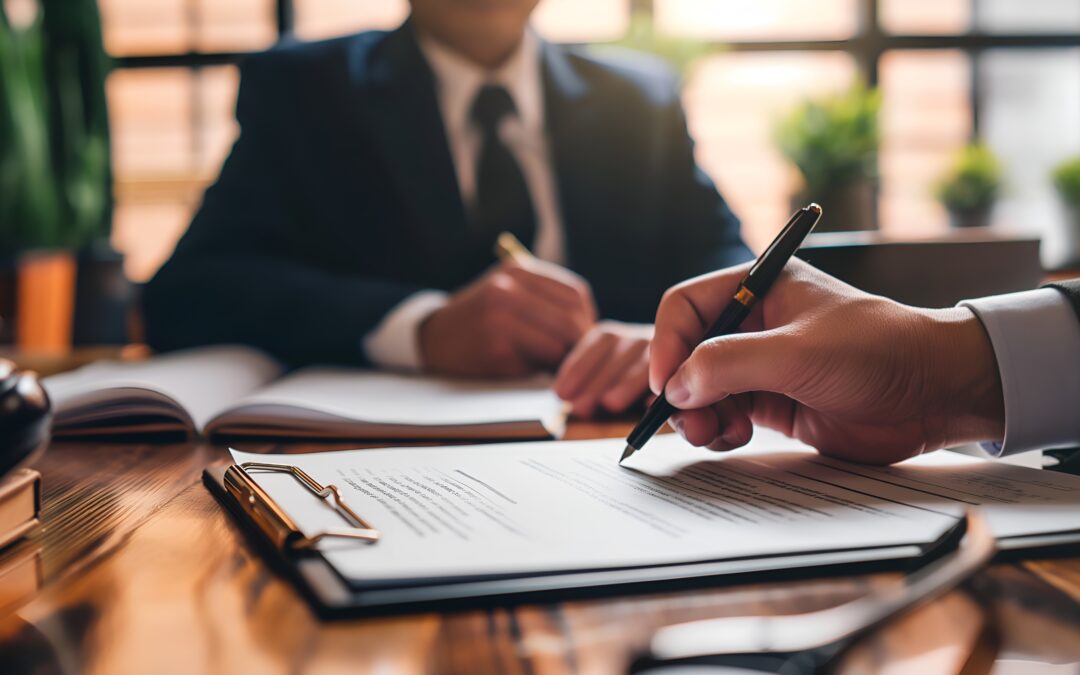 Real estate attorney reviewing contract with client.