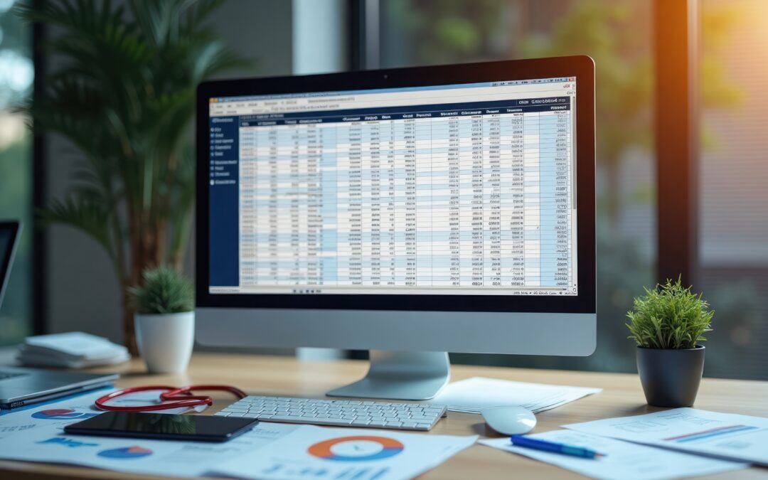 Spreadsheet on computer screen displays many rows of data.