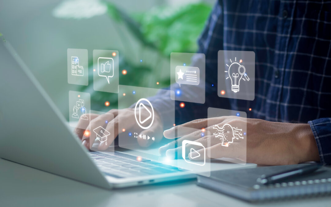 Corporate Law Attorney using a laptop with marketing icons displayed over the image.