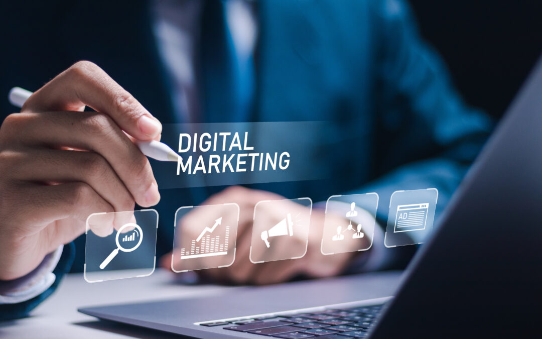 Litigation Attorney using laptop with virtual digital marketing icons.