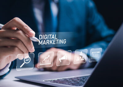 Litigation Attorney using laptop with virtual digital marketing icons.