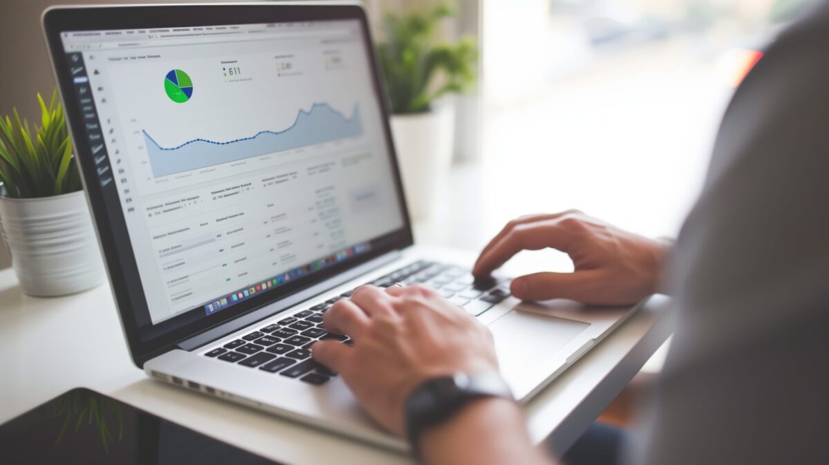 Personal Injury attorney working at laptop showing marketing data and graphs.