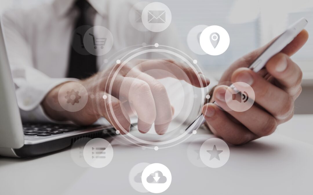 Real Estate Attorney using a laptop and phone, with marketing icons displayed over the image.