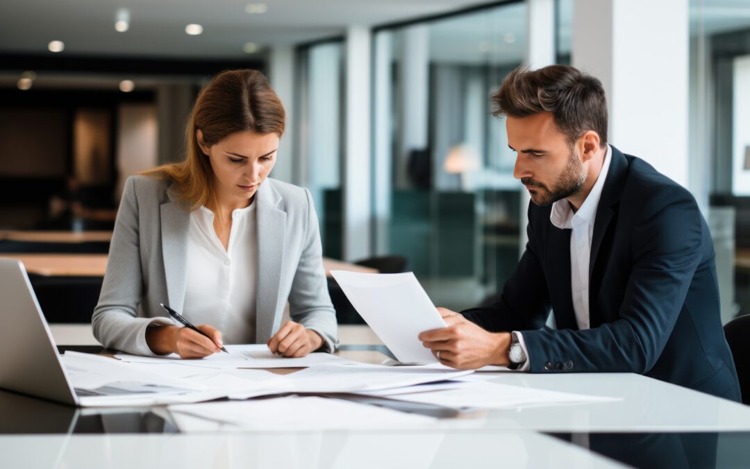 Employment law paralegal showing documents to an attorney.