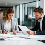 Employment law paralegal showing documents to an attorney.