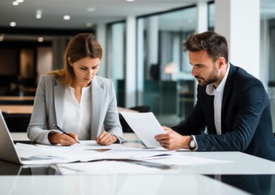 Employment law paralegal showing documents to an attorney.