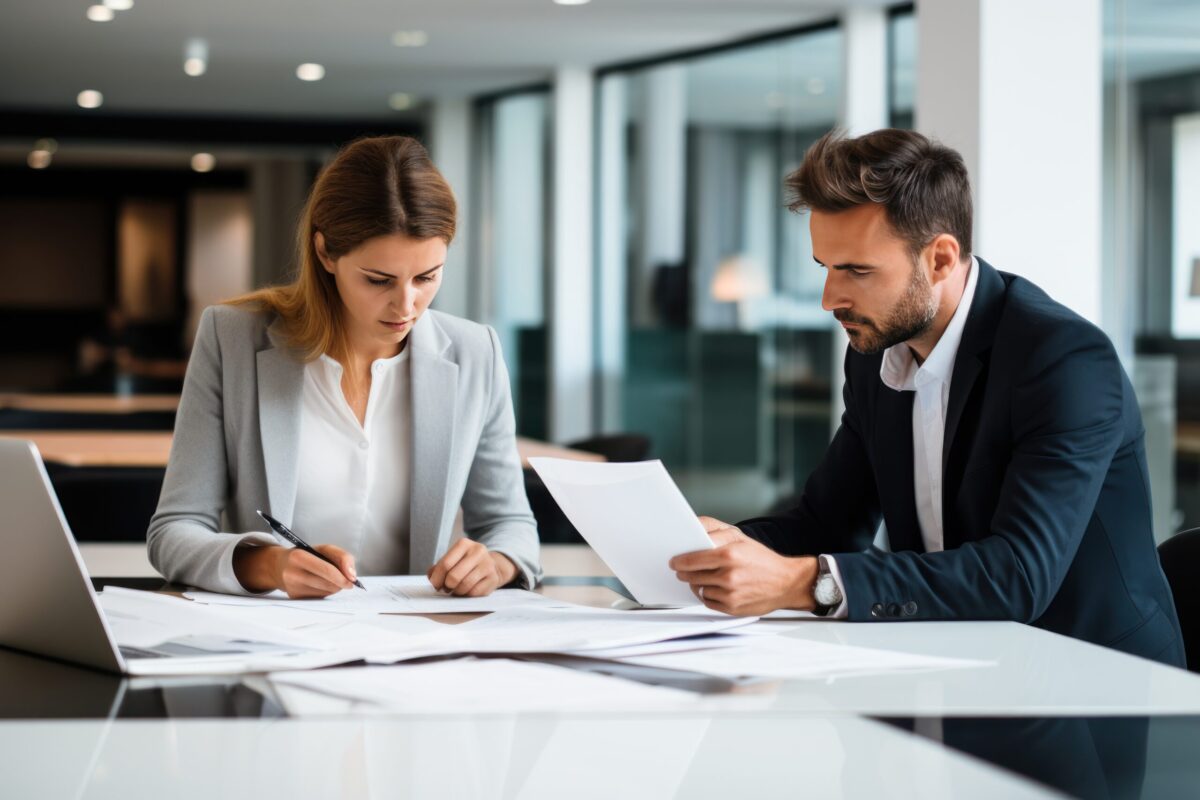 Employment law paralegal showing documents to an attorney.
