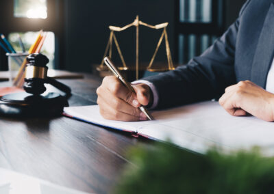 Criminal defense attorney at desk working on documents.