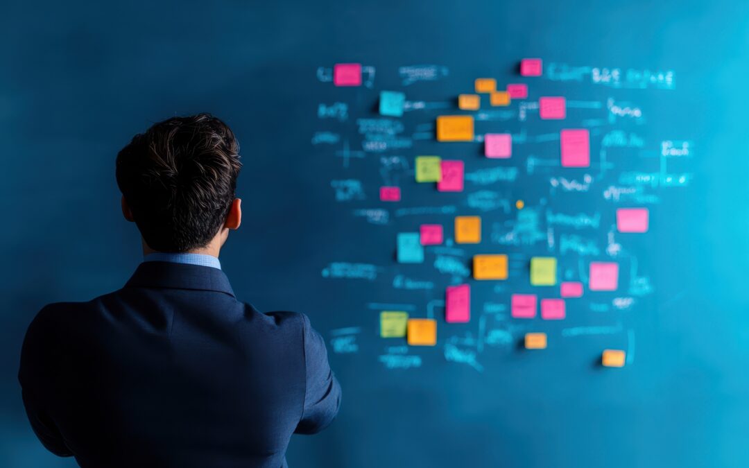 Business leader overwhelmed by tasks, looking at post-it notes of admin duties to delegate.