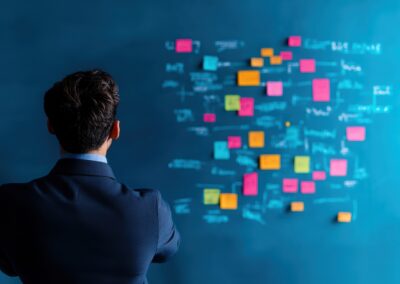 Business leader overwhelmed by tasks, looking at post-it notes of admin duties to delegate.