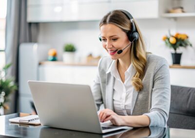 Remote legal receptionist working at laptop and answering calls.