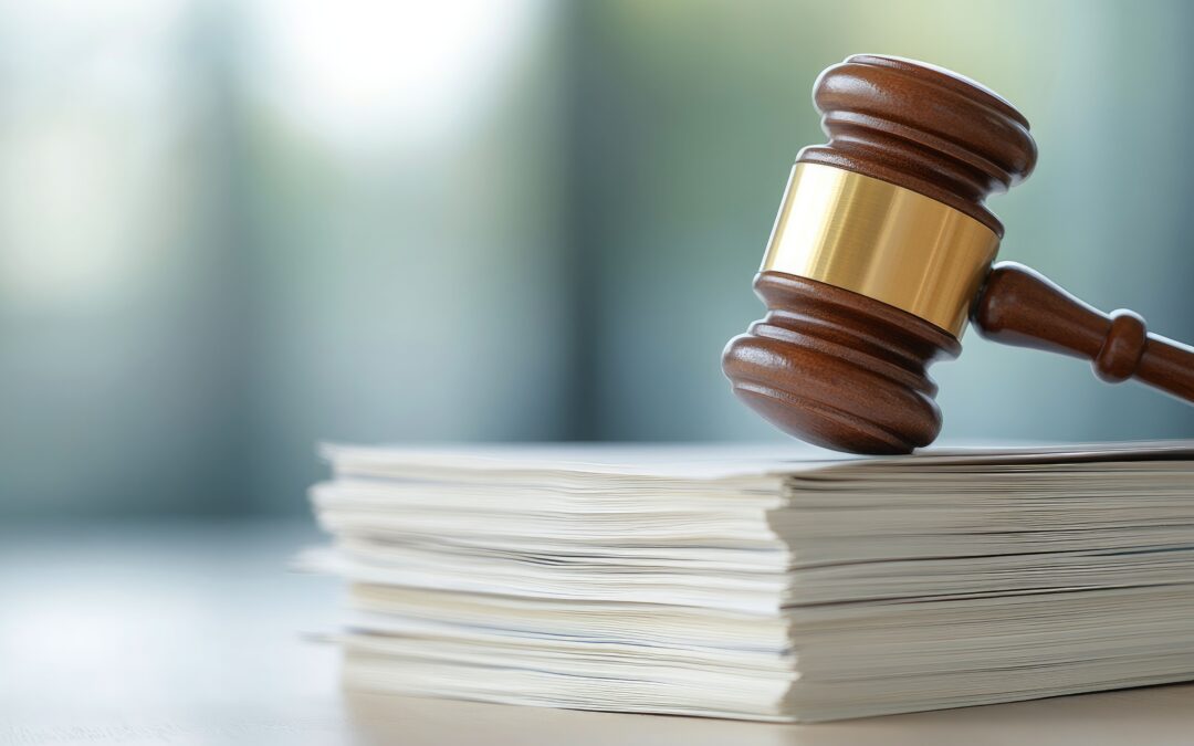 A close-up of a gavel beside a pile of discovery documents.