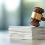 A close-up of a gavel beside a pile of discovery documents.